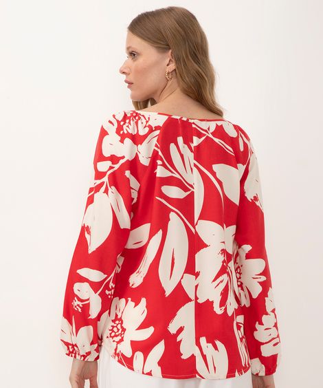 blusa de viscose floral manga longa com elástico vermelho escuro