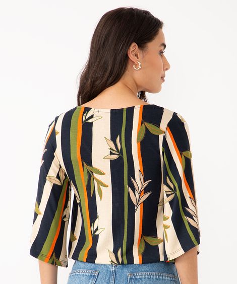 blusa de viscose folhagem botões manga ampla azul marinho