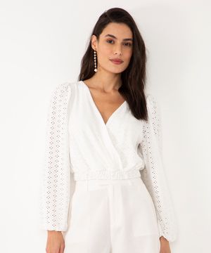 cropped de laise decote v manga bufante off white