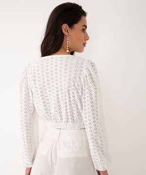cropped de laise decote v manga bufante off white