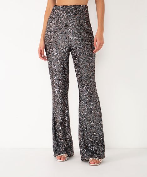 calça flare de paetê cintura alta colorido