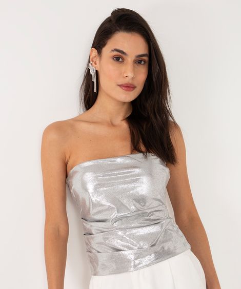 blusa drapeados metalizada decote reto sem alça  prata