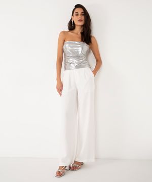 calça feminina wide leg de viscose com pregas off white