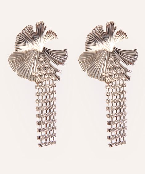 brinco alongado flor strass prateado