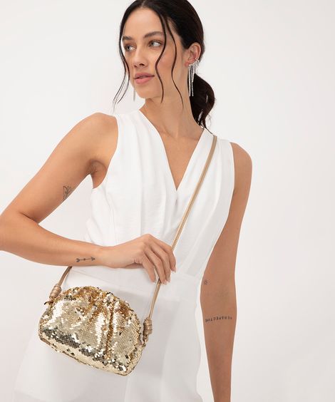 bolsa clutch paetê alça transversal dourada