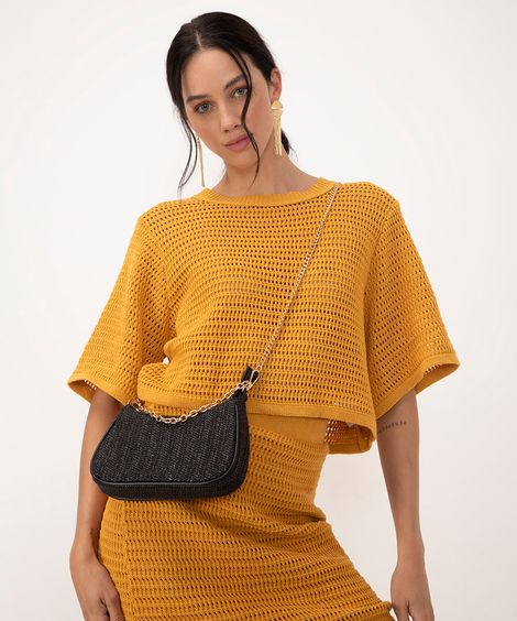 bolsa crossbody em palha com corrente preta