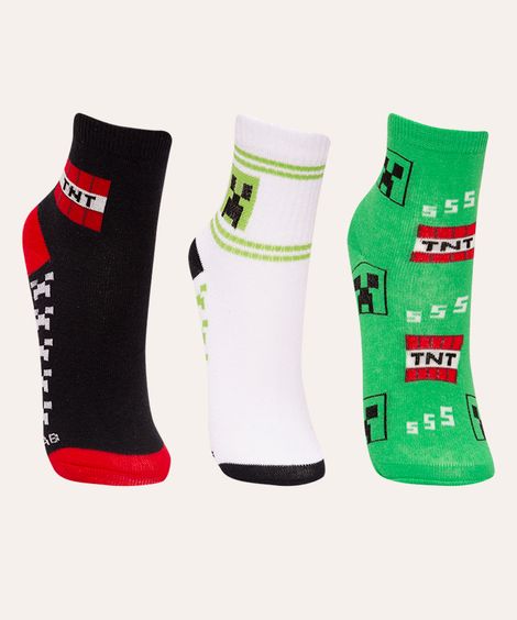 kit de 3 pares de meias infantis minecraft cano baixo colorido