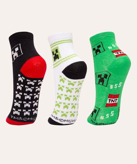 kit de 3 pares de meias infantis minecraft cano baixo colorido