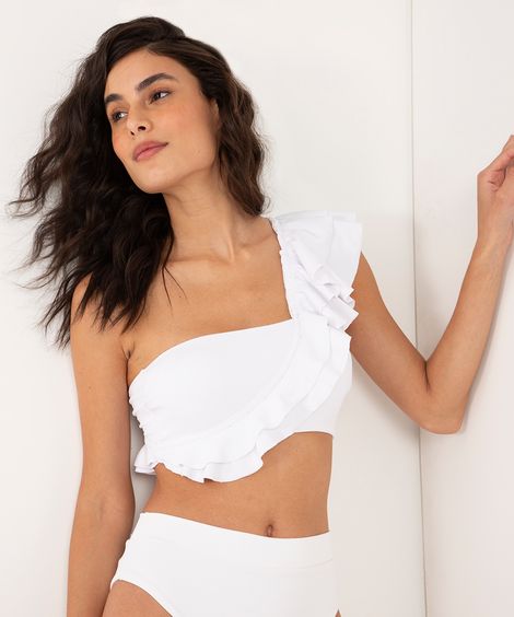 biquíni top ombro único babados proteção uv clube bossa off white