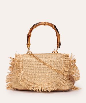 bolsa crossbody palha e bambu metalizada bege claro