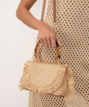 bolsa crossbody palha e bambu metalizada bege claro