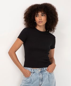 blusa de algodão canelada manga curta - preto