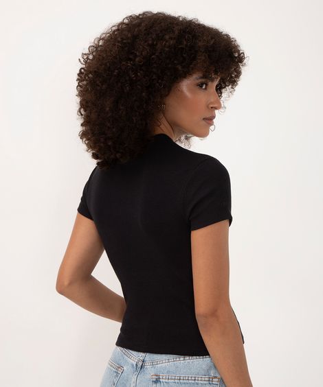 blusa de algodão canelada manga curta - preto
