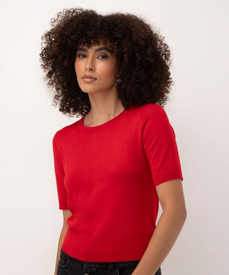 blusa cropped de tricot manga curta vermelho - vermelho escuro