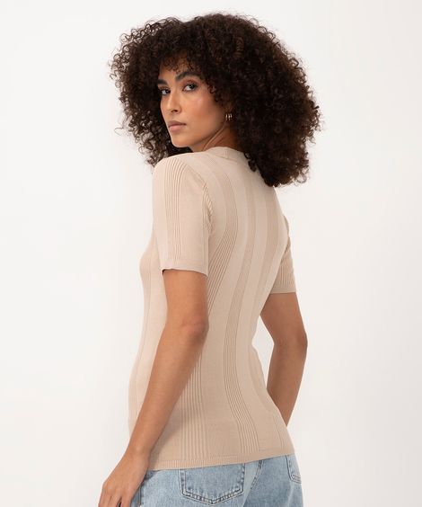 blusa de tricot canelada manga curta areia
