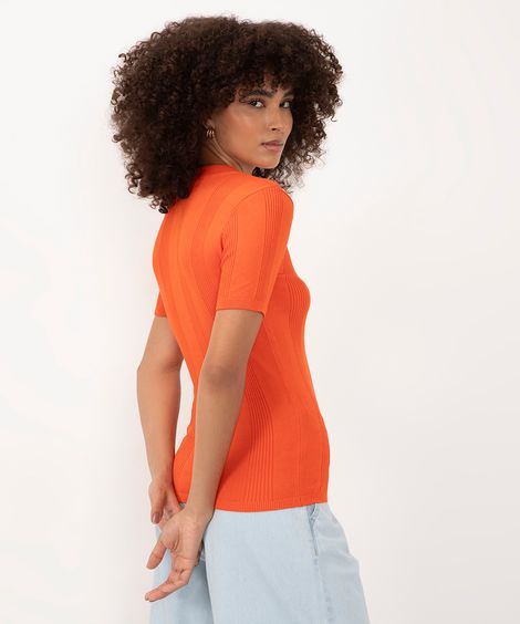 blusa de tricot canelada manga curta coral