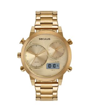 Relógio Masculino Aço Dual Time Dourado