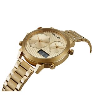 Relógio Masculino Aço Dual Time Dourado