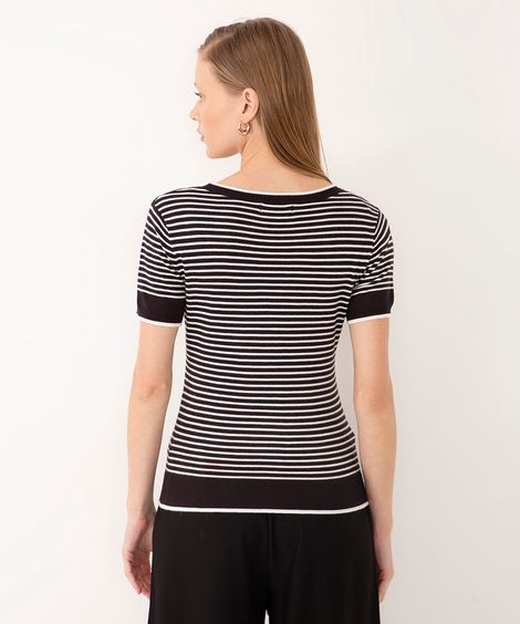 blusa de tricot listrada manga curta preto