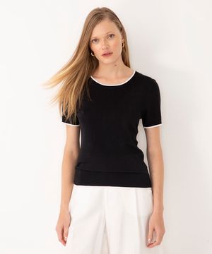 blusa de tricot manga curta listra preto