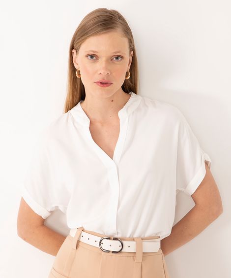 camisa de viscose manga curta gola padre barra alongada off white