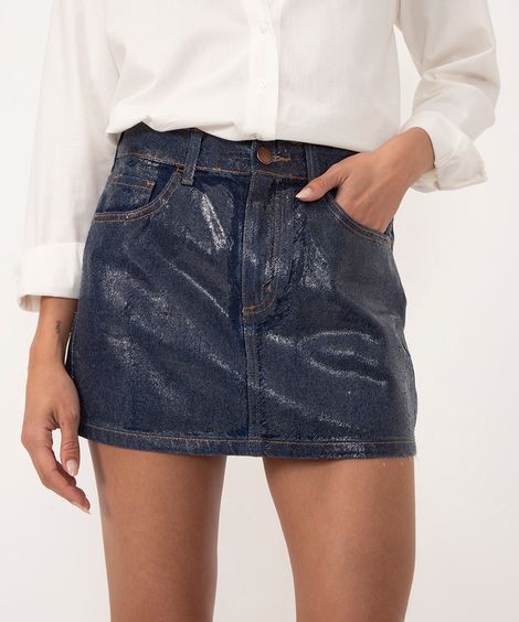 minissaia jeans envernizada cintura média azul escuro