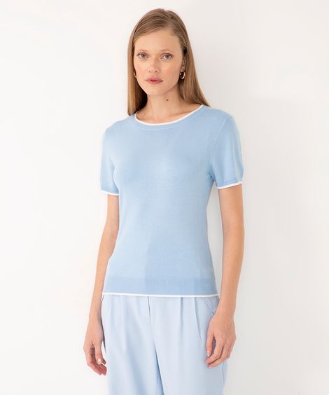 blusa de tricot manga curta listra - azul claro