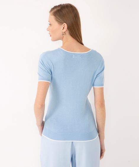 blusa de tricot manga curta listra - azul claro