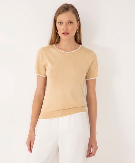 blusa de tricot manga curta listra - bege claro