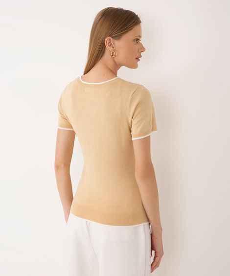 blusa de tricot manga curta listra - bege claro