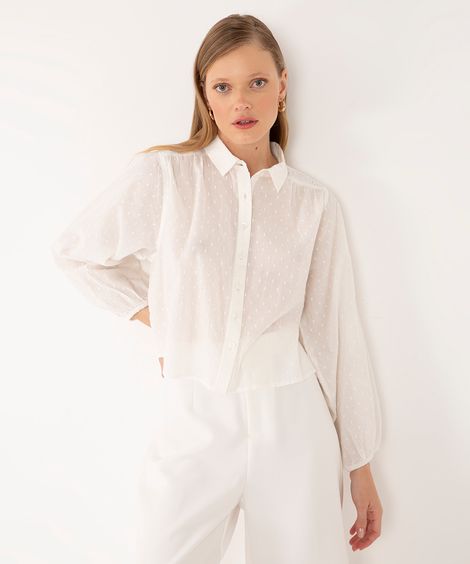 camisa texturizada de algodão com laise manga longa off white