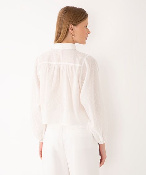 camisa texturizada de algodão com laise manga longa off white