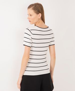 blusa de tricot listrada manga curta off white