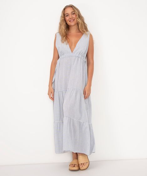 vestido longo de viscose decote v listrado clube bossa off white