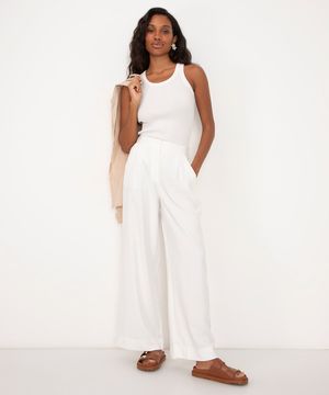 calça wide leg de viscose cintura alta com elástico - off white