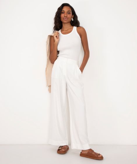 calça wide leg de viscose cintura alta com elástico - off white