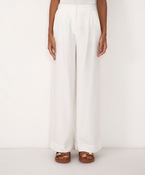 calça wide leg de viscose cintura alta com elástico - off white
