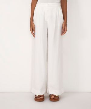 calça wide leg de viscose cintura alta com elástico off white