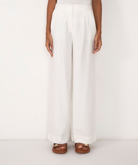calça wide leg de viscose cintura alta com elástico - off white