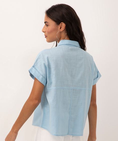 camisa de algodão com bolso manga curta azul