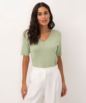 blusa de tricot decote v manga curta  verde