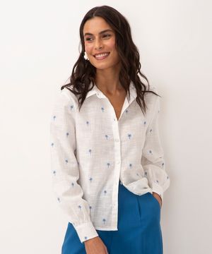 camisa de algodão bordada coqueiros manga longa  off white