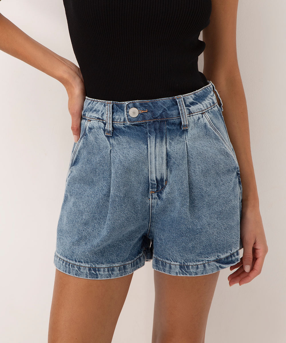 short mom jeans plus size destroyed cintura super alta azul médio azul  médio - C&A