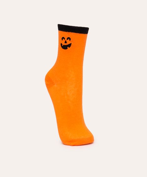 meia infantil cano alto halloween com bolsinha laranja