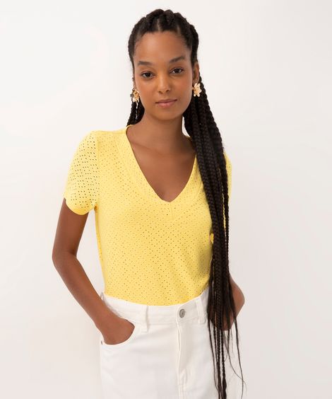 blusa de laise manga curta decote v  amarelo