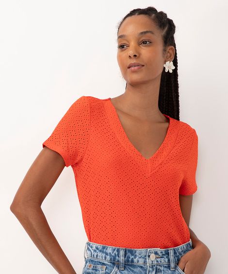 blusa de laise manga curta decote v  laranja