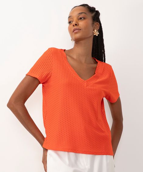 blusa de laise manga curta decote v  laranja