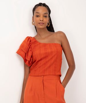 blusa de laise ombro único com babado terracota