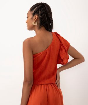 blusa de laise ombro único com babado terracota