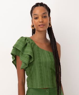 blusa de laise ombro único com babado verde